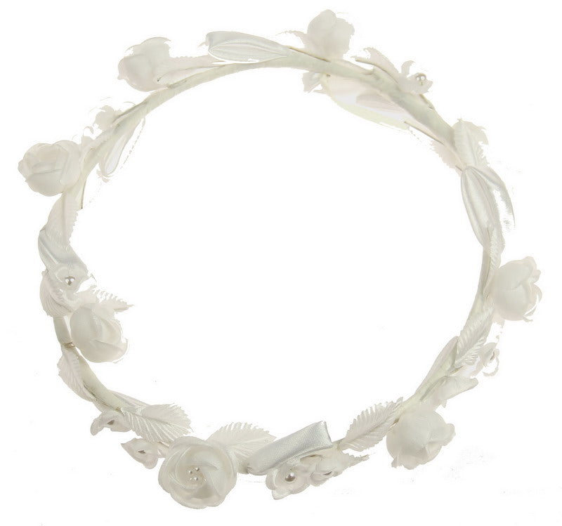 Elegant white floral circlet headpiece with crystals, perfect for modern brides on their special day.