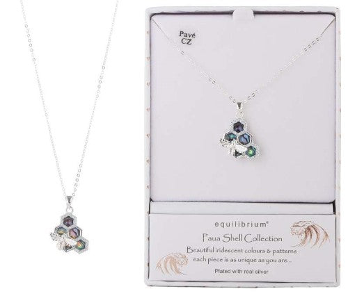 Necklace - Equilibrium Paua Shell Bee Honeycomb Silver-Plated