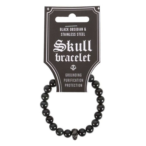 Bracelet - Skull Black Obsidian And Stainless Steel