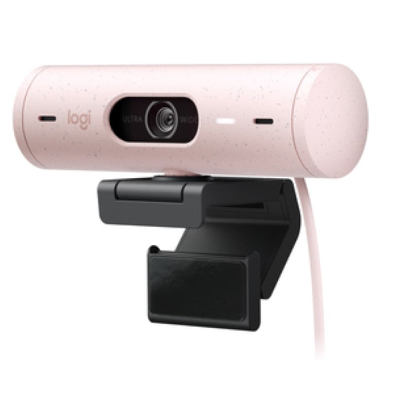 Logitech BRIO Webcam in Rose, featuring 4MP, 60fps, auto-focus, digital zoom, noise-reducing mic, and USB Type C connection.