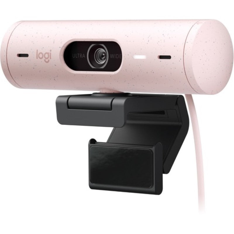 Logitech BRIO Webcam in Rose, 4MP, 60fps, USB-C, featuring auto-focus, digital zoom, and privacy shutter for clear video calls.