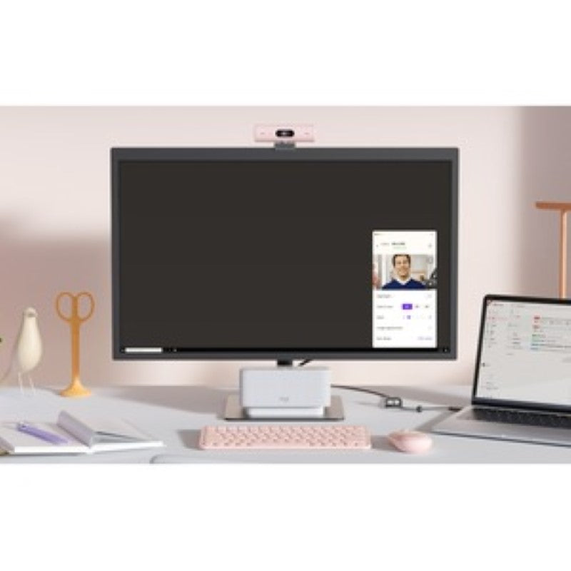 Logitech BRIO Webcam in rose, featuring 4MP, 60 fps, auto-focus, 4x zoom, integrated mic, and USB Type C connectivity.