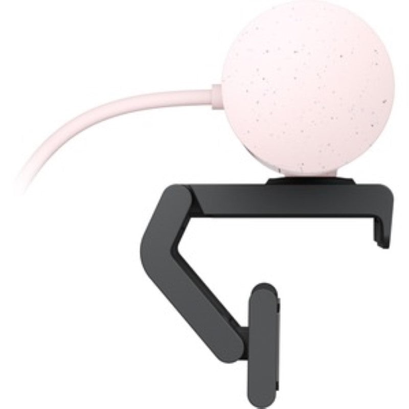 Logitech BRIO Webcam in Rose color, 4MP, 60 fps, with USB-C, auto-focus, 4x zoom, noise-reducing mic, and privacy shutter.