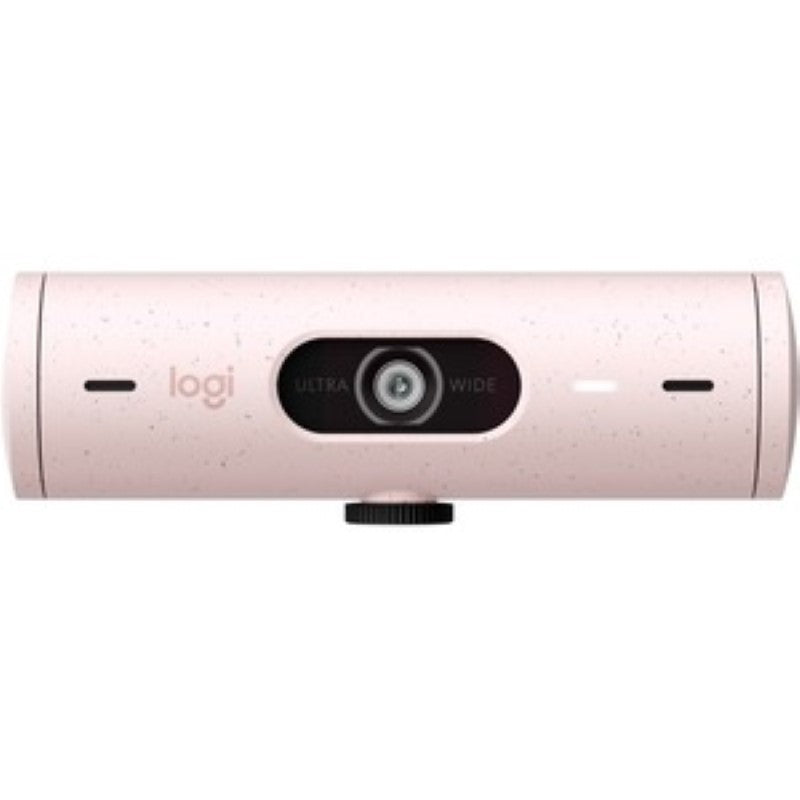 Logitech BRIO Webcam in rose, featuring 4 MP, 60 fps video, auto-focus, digital zoom, and integrated privacy shutter.