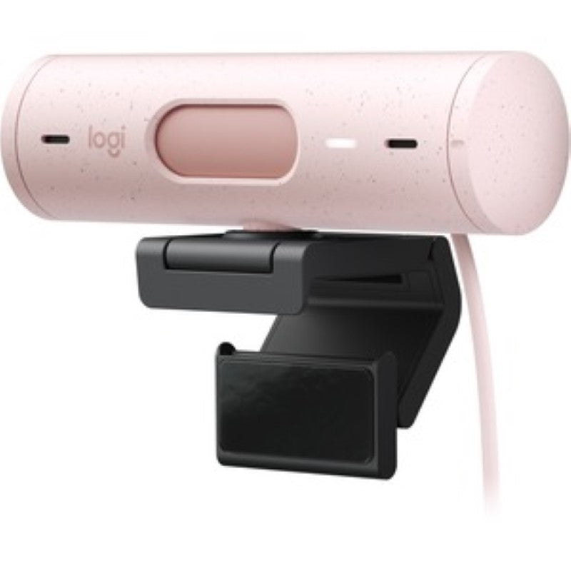 Logitech BRIO Webcam in elegant Rose, offering 4MP clarity, 60 fps video, USB-C connectivity, and integrated privacy shutter.