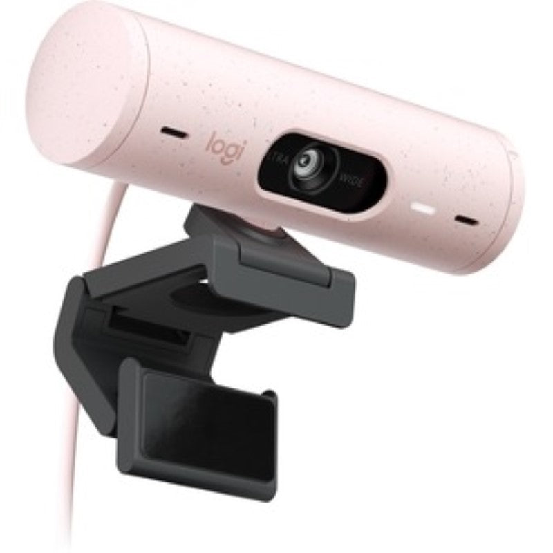 Logitech BRIO Webcam in Rose, 4MP, 60fps, USB Type C; features auto-focus, 4x zoom, noise-reducing mic, privacy shutter.
