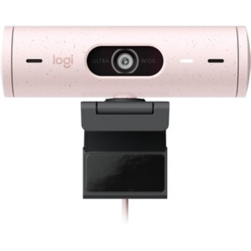Logitech BRIO Webcam in Rose, featuring 4MP, 1080p at 60fps, auto-focus, 4x zoom, and privacy shutter for clear video calls.