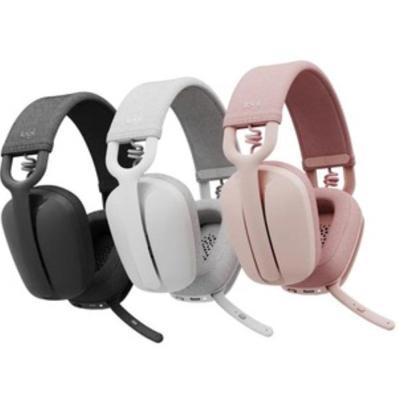 Logitech Zone Vibe Wireless Headset featuring stereo sound, noise-canceling mic, USB-C, and up to 18 hours battery life.