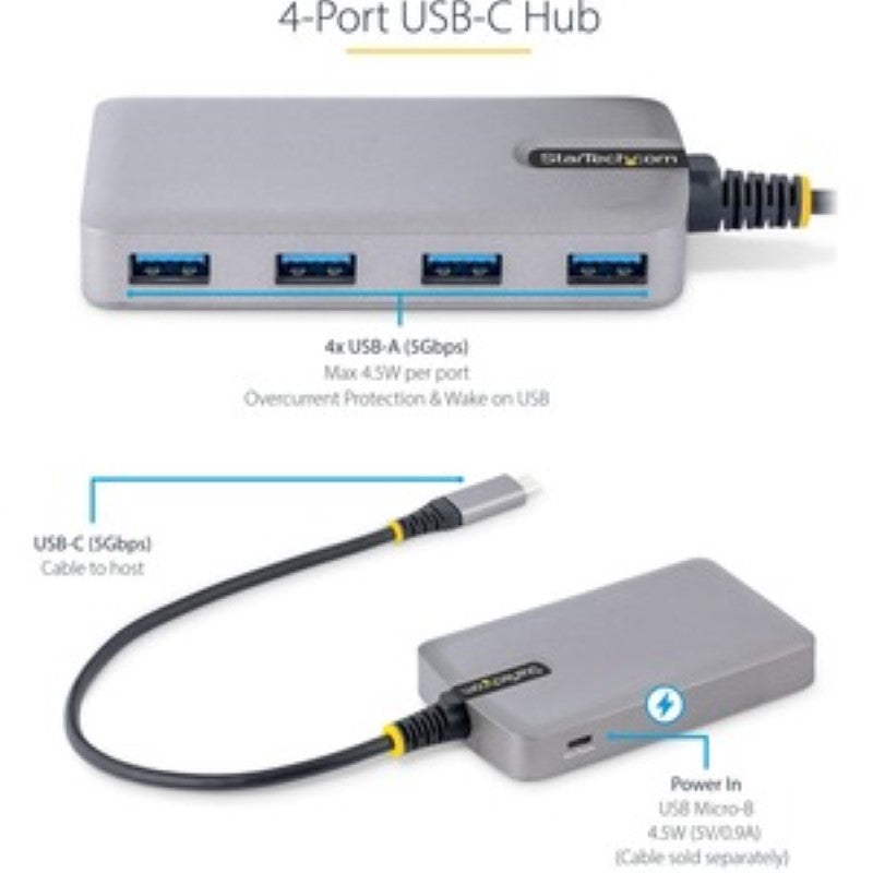 4-Port USB-C Hub, 5Gbps, Bus Powered, 4x USB-A Ports, Optional Auxiliary Power,
