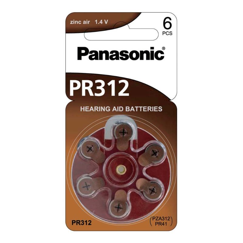 Panasonic 1.4V PR41 Zinc Air Hearing Aid Batteries, 6-pack, offering reliable power and 120 hours of usage for optimal hearing.