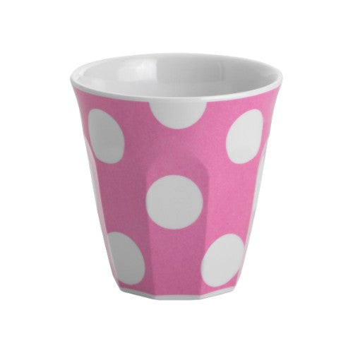Vibrant hot pink tumblers with white dots, durable melamine, dishwasher safe, perfect for any indoor or outdoor occasion.