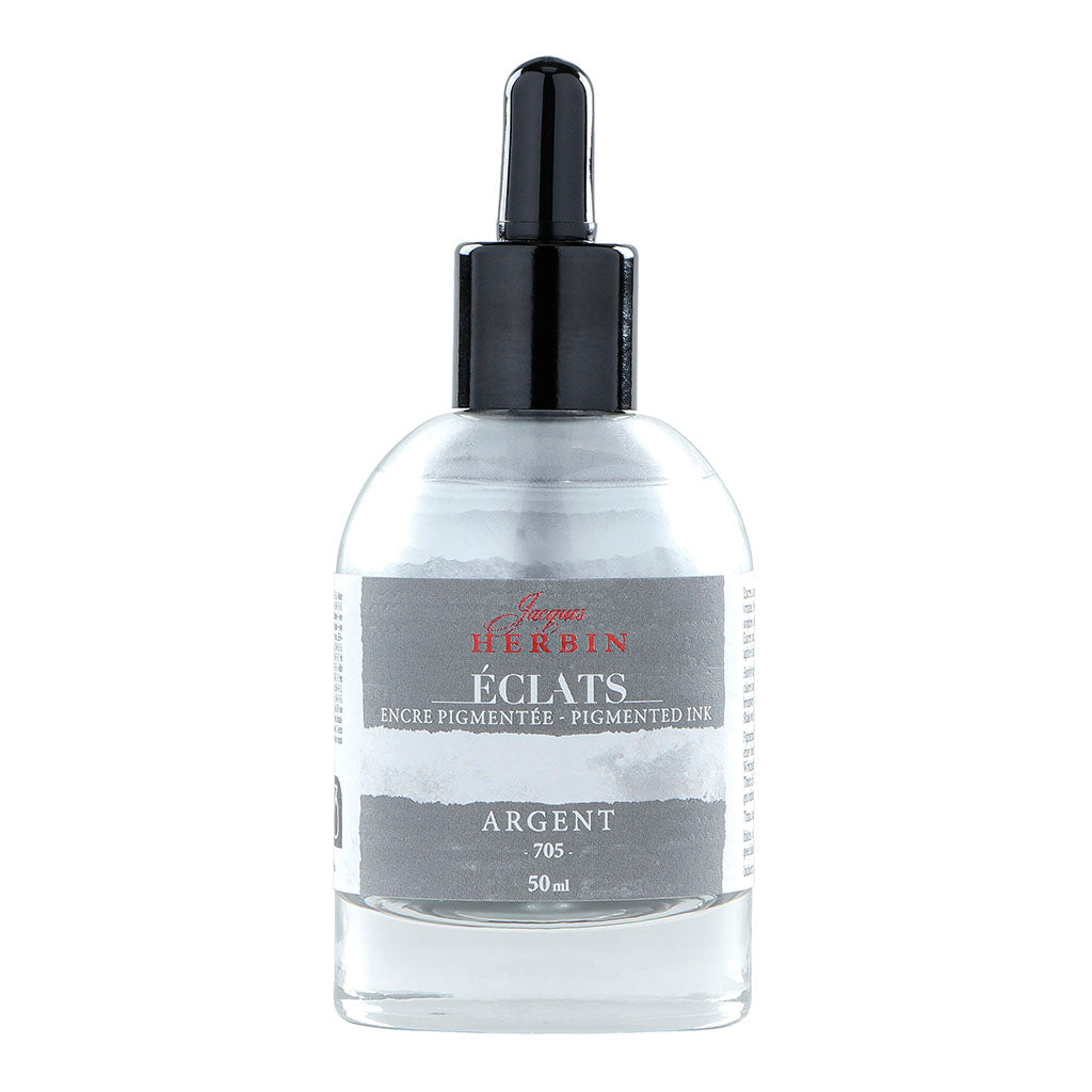 Jacques Herbin silver pigmented ink in a 50ml dropper bottle, perfect for vibrant art and lettering with metallic sheen.