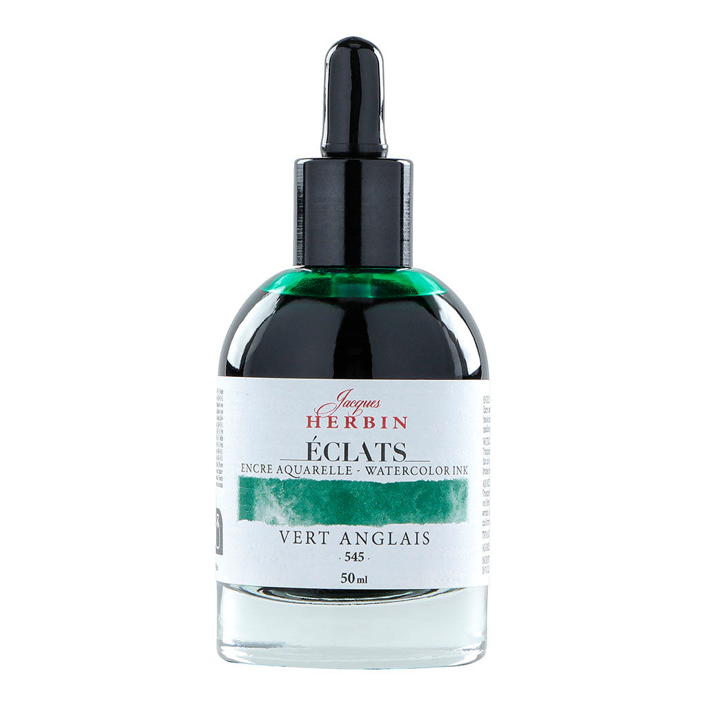 A 50ml bottle of Jacques Herbin Eclats Watercolour Ink in British Racing Green, ideal for vibrant artistic creations.