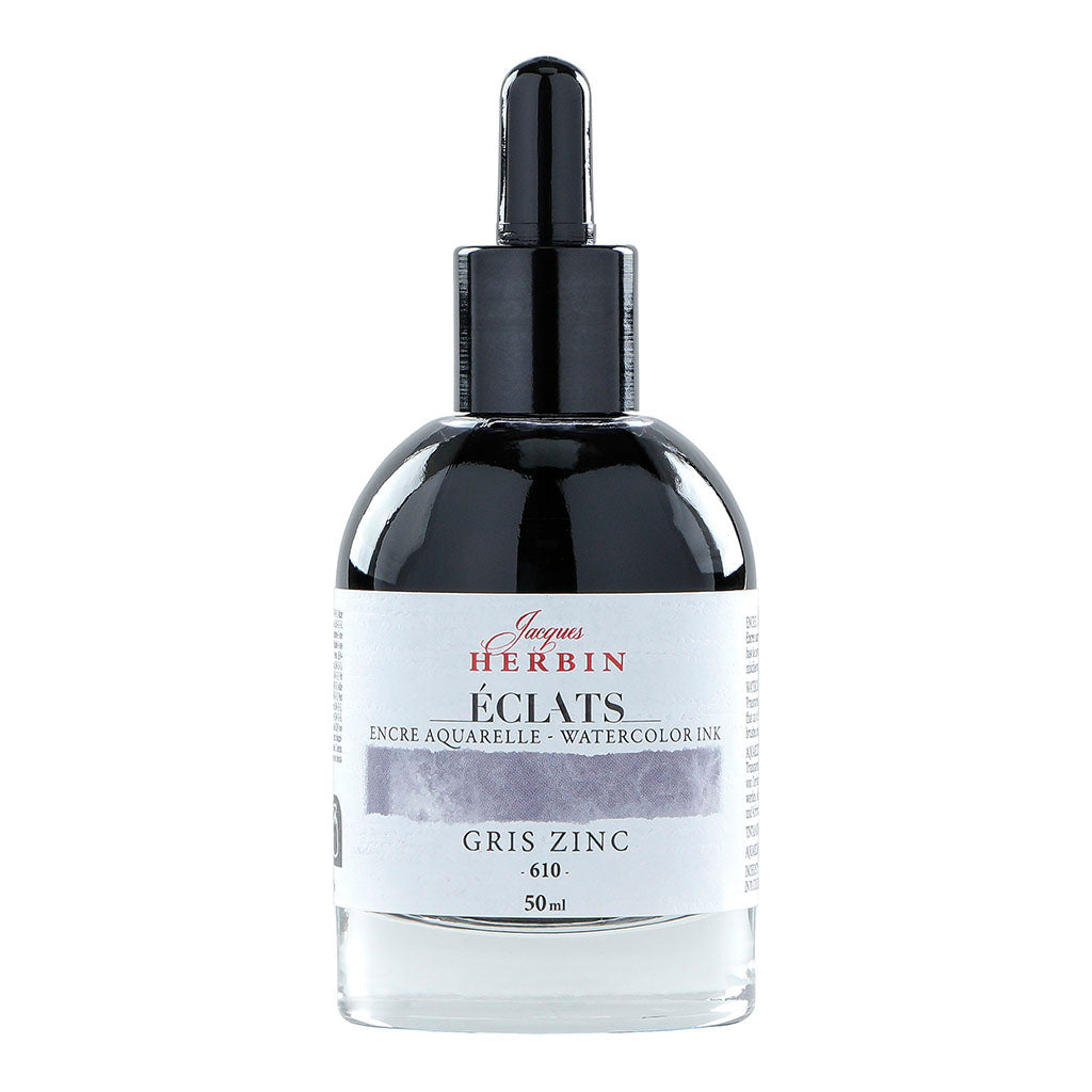 50ml bottle of Jacques Herbin Eclats Watercolour Ink in Zinc Grey, showcasing premium quality for vibrant and subtle artwork.