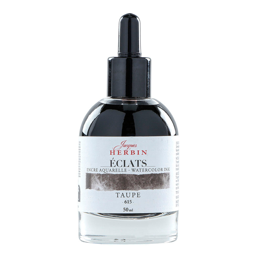 Jacques Herbin 615 Taupe watercolour ink in a 50ml dropper bottle, perfect for vibrant art and smooth application.