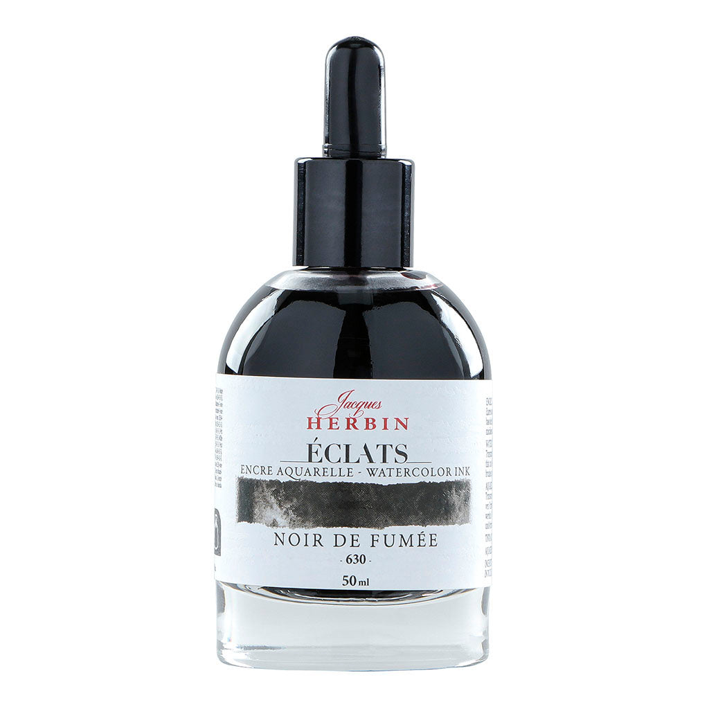 Jacques Herbin Eclats Watercolour Ink 630 Carbon Black in a 50ml dropper bottle, perfect for vibrant art and calligraphy.