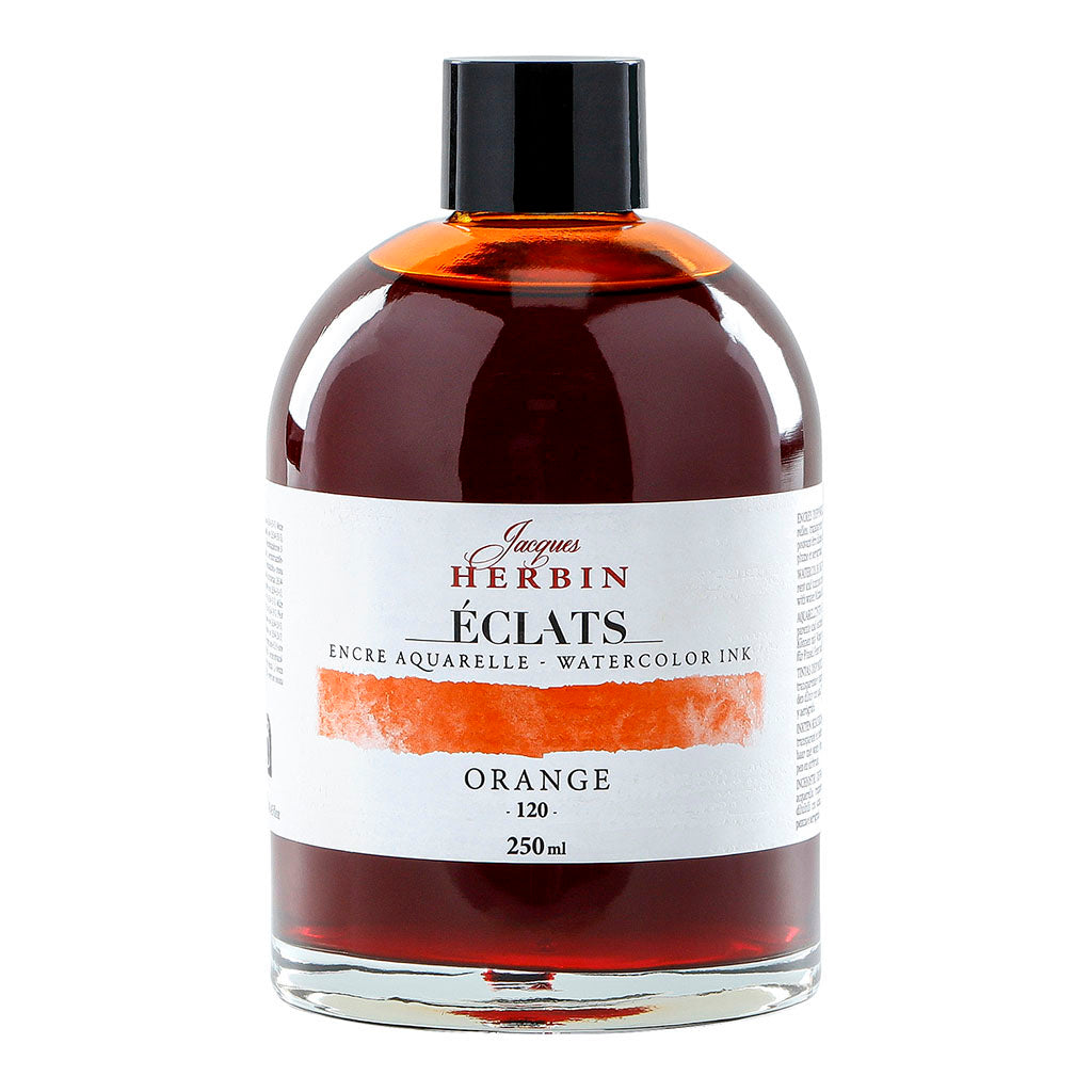 Vibrant 250ml bottle of Jacques Herbin 120 Orange Watercolour Ink, perfect for artists seeking luminous and versatile colors.