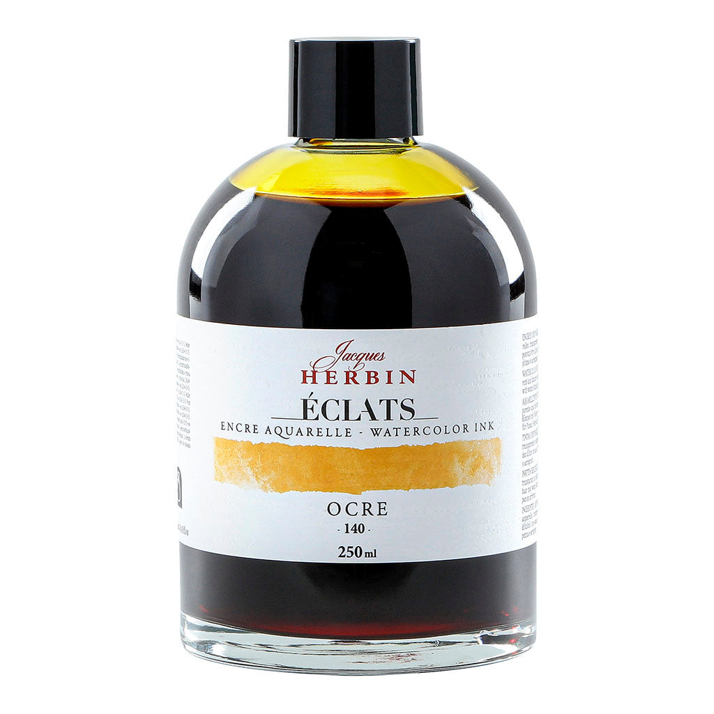 Jacques Herbin Eclats 140 Ochre Watercolour Ink in a 250ml bottle, vibrant, luminous, and ideal for various artistic techniques.