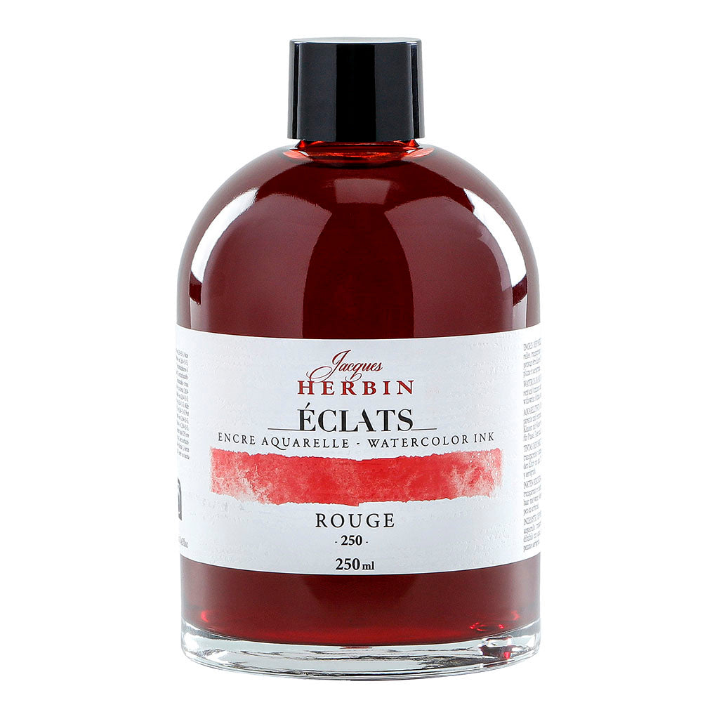 Vibrant 250ml bottle of Jacques Herbin Eclats Watercolour Ink in Red, ideal for artists and versatile for various art techniques.