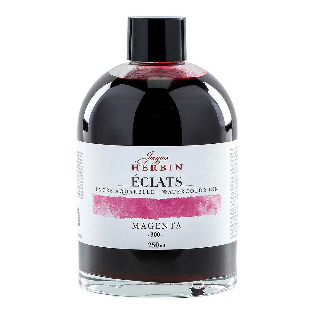 Premium 250ml Jacques Herbin Eclats Watercolour Ink in vibrant Magenta, perfect for artists seeking transparency and blendability.