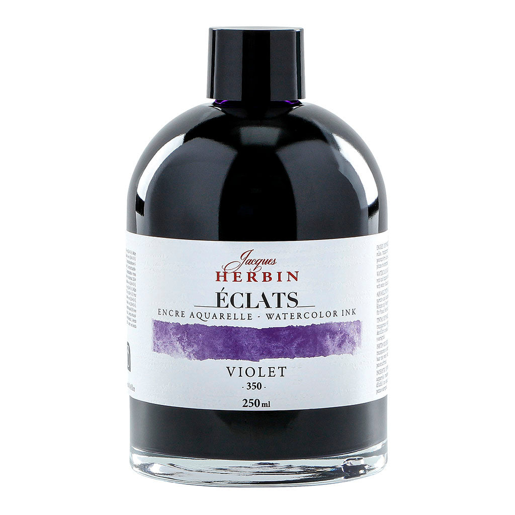 250ml bottle of Jacques Herbin Eclats Watercolour Ink in vibrant 350 Violet, perfect for painting, journaling, and calligraphy.