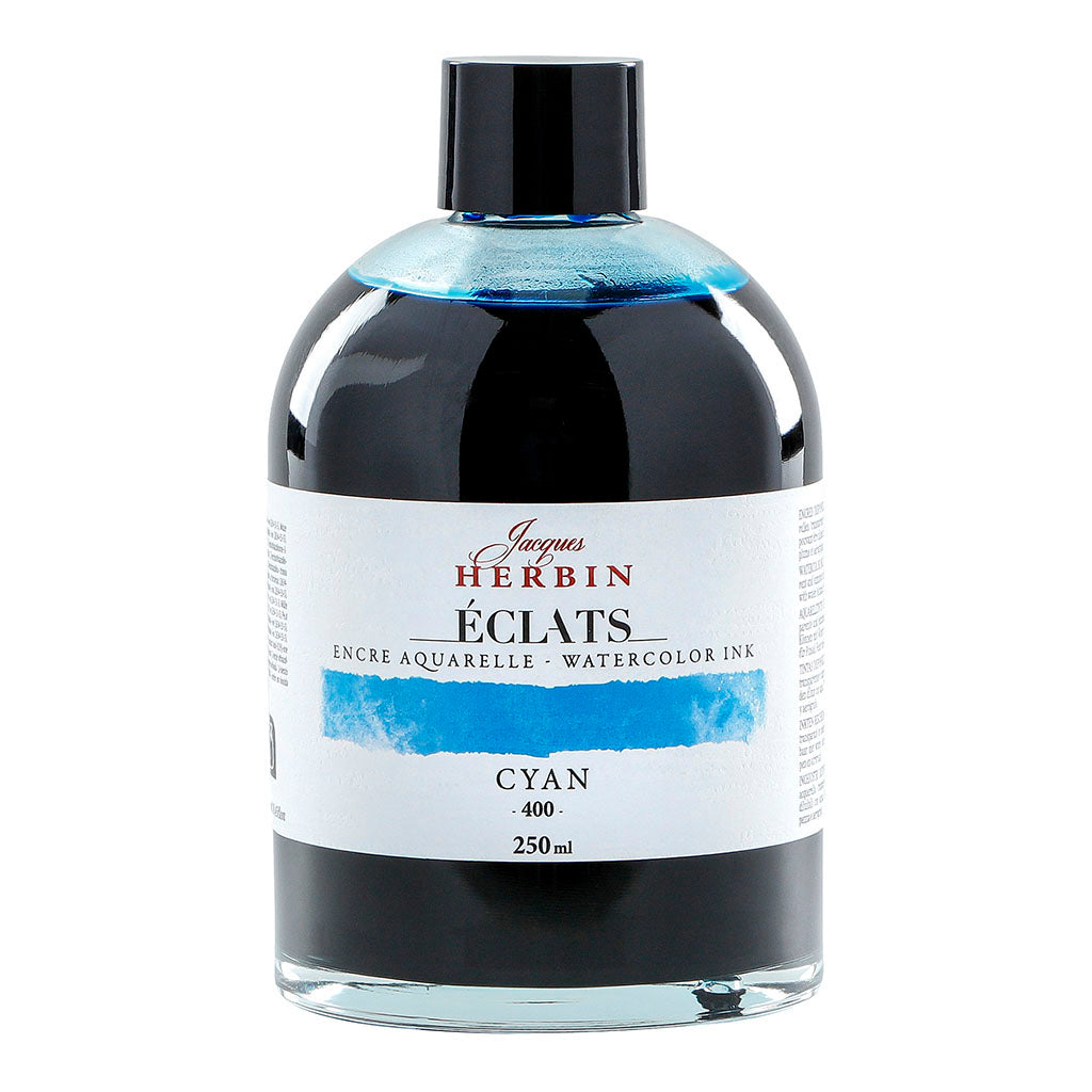 Vibrant 250ml cyan watercolour ink by Jacques Herbin, perfect for artists, offering fluidity, luminosity, and color mixing.