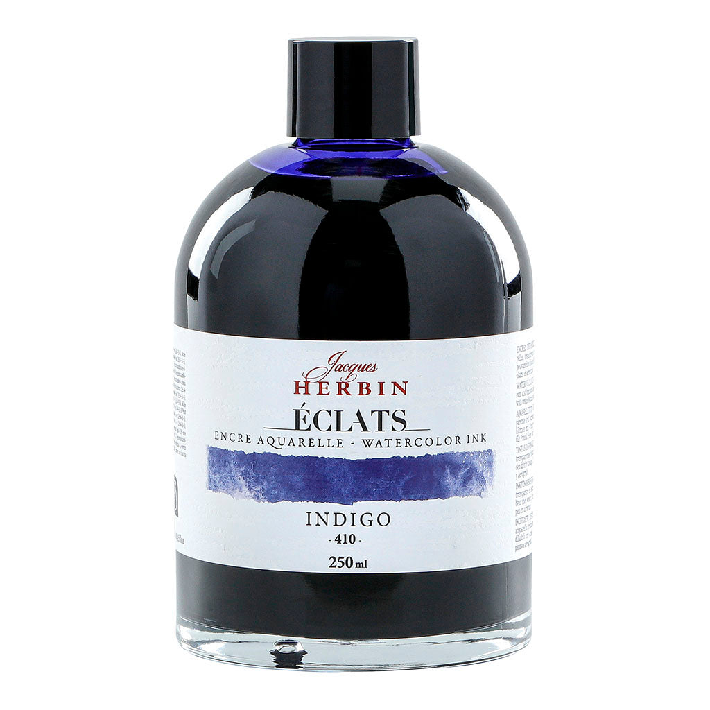 Bottle of Jacques Herbin Eclats Watercolour Ink 410 Indigo, 250ml, vibrant indigo hue for artistic creativity and blending.