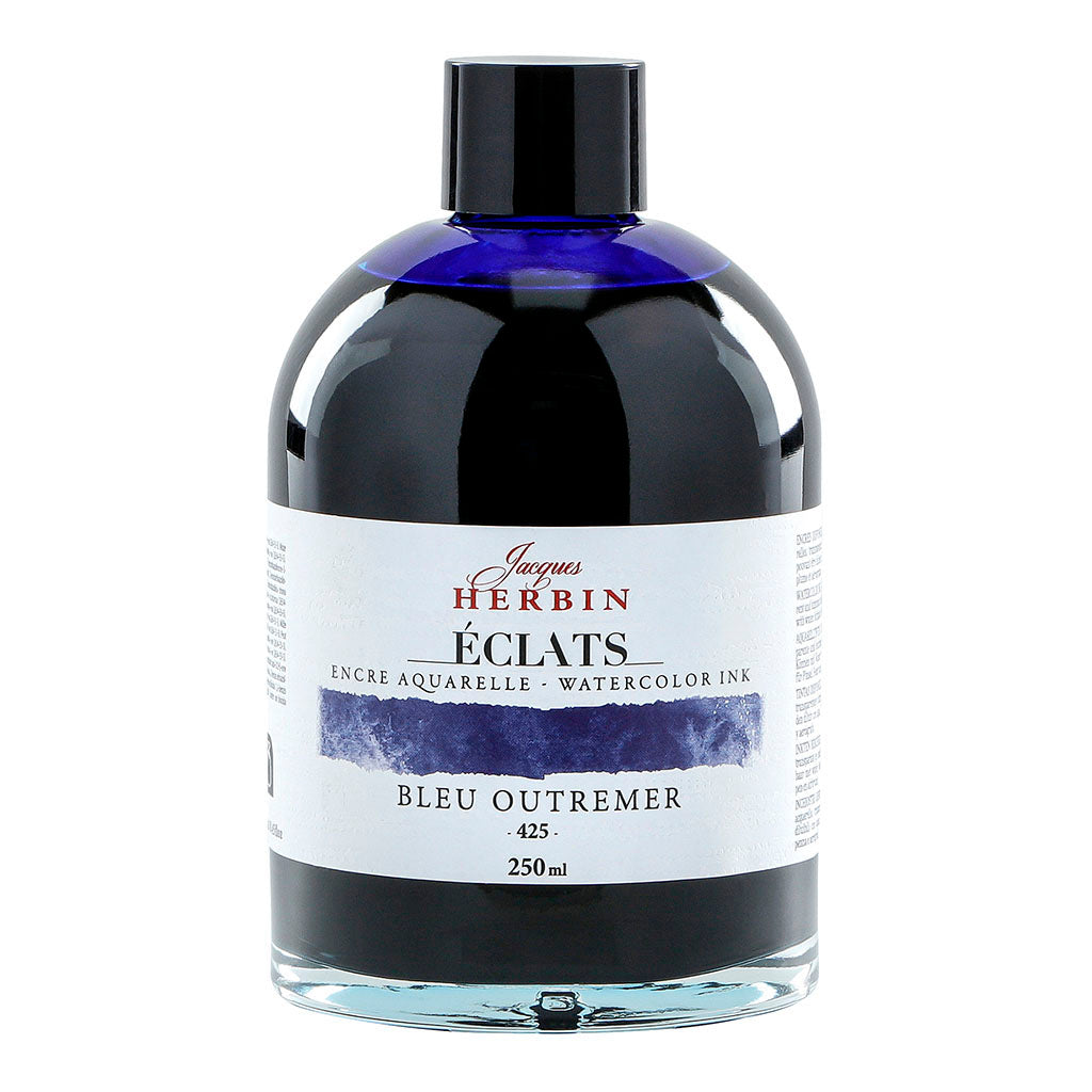 Jacques Herbin Eclats Watercolour Ink 425 Ultramarine Blue in a 250ml bottle, showcasing a vibrant, luminous blue hue for artists.