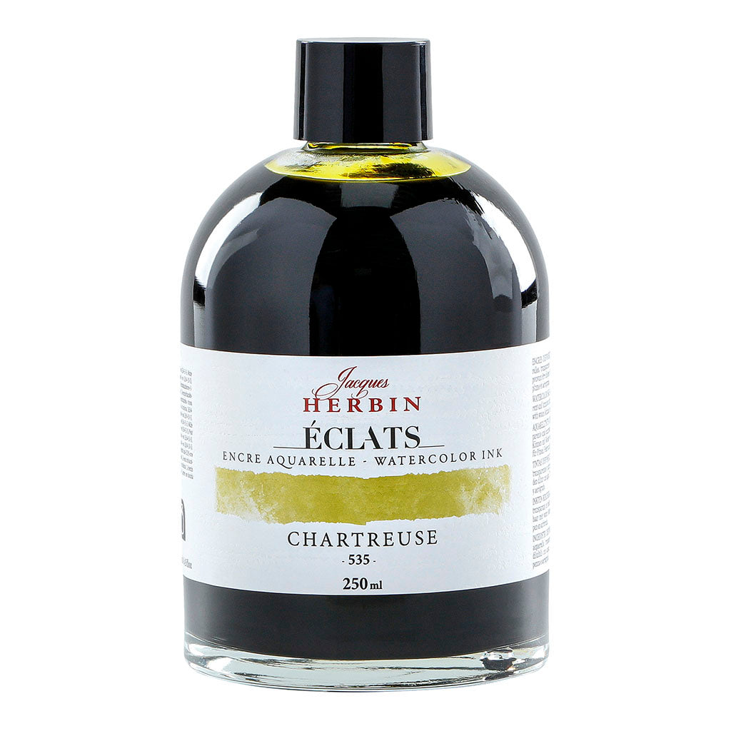Bright 250ml bottle of Jacques Herbin Eclats Watercolour Ink 535 Chartreuse, ideal for vibrant artistic creations.