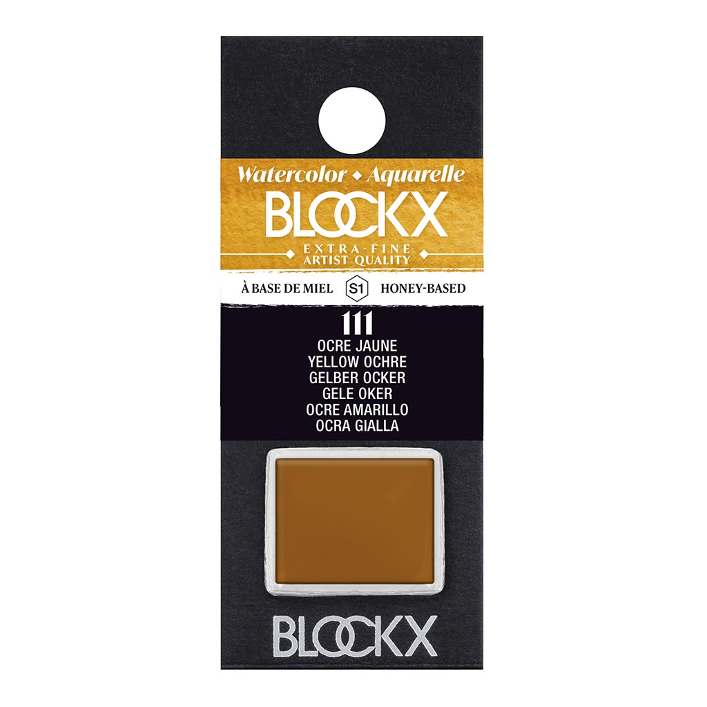 BLOCKX Watercolour Half Pan S1 111 Yellow Ochre, a premium semi-opaque pigment known for its vibrancy and luminosity.