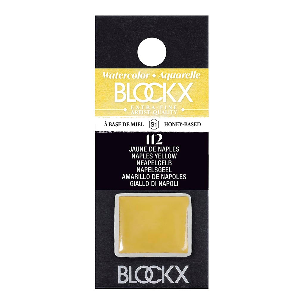 BLOCKX Watercolour Half Pan S1 112 Naples Yellow, a warm and luminous semi-transparent pigment, perfect for diverse watercolor techniques.