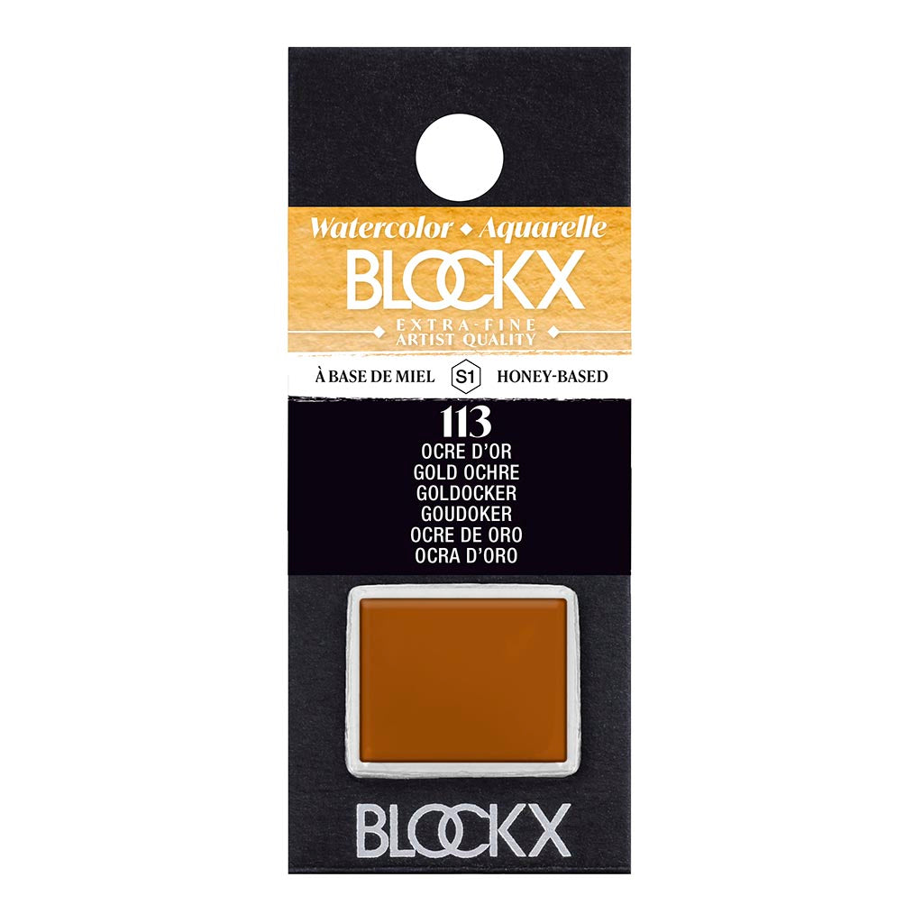 BLOCKX Watercolour Half Pan S1 113 Golden Ochre, a premium ochre hue with transparent opacity for vibrant watercolor artistry.