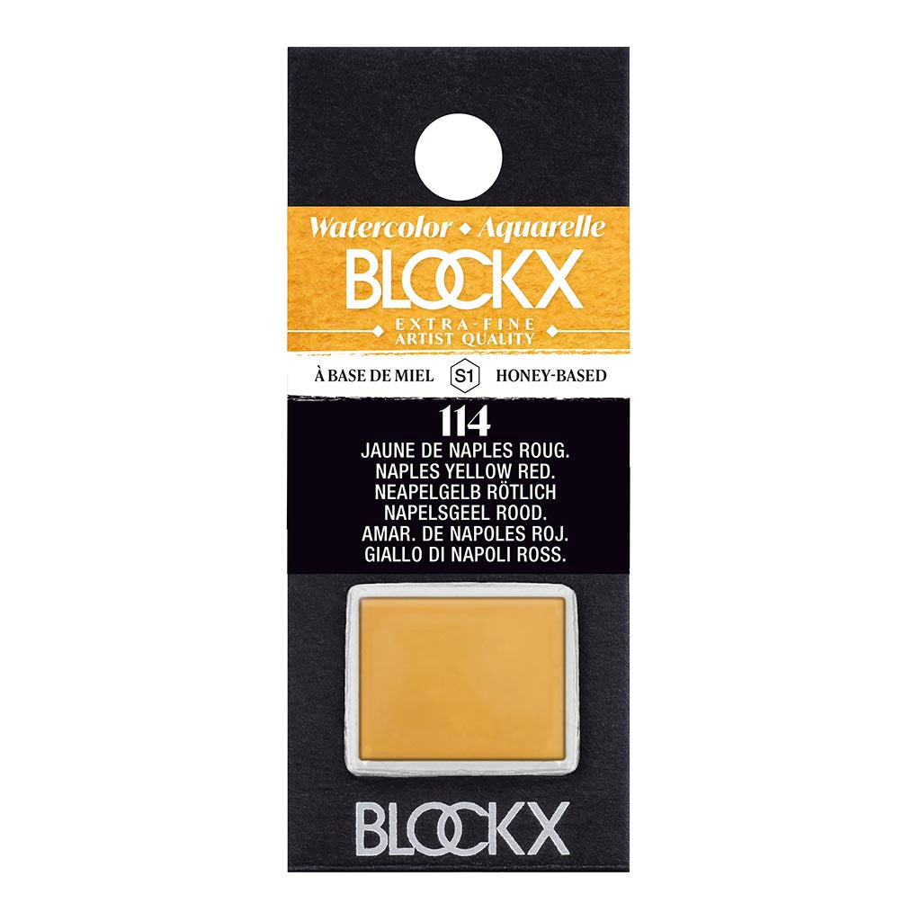 BLOCKX Watercolour Half Pan S1 114 Naples Yellow Reddish, featuring light-resistant pigments and semi-transparent opacity for vibrant art.