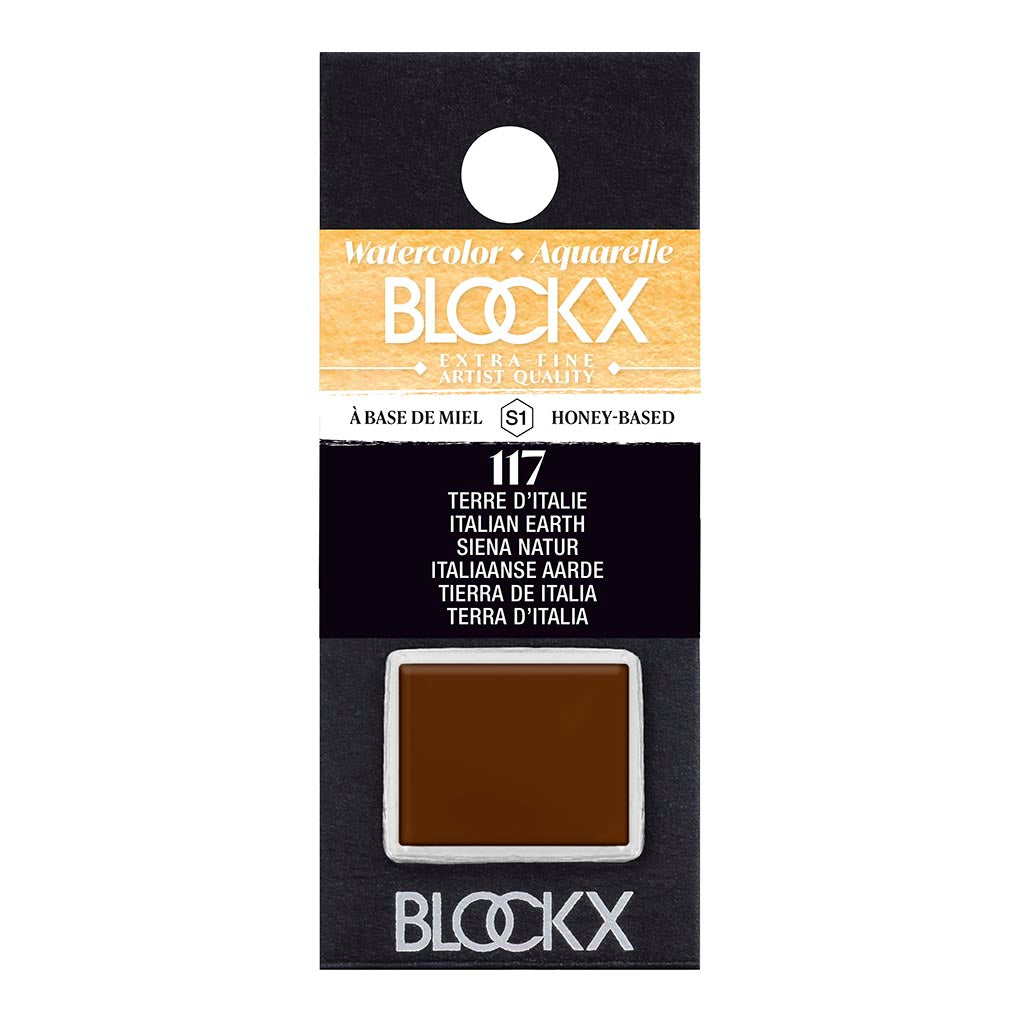 BLOCKX Watercolour Half Pan S1 117 Italian Earth, featuring warm earthy tones and high-quality light-resistant pigments for vibrant art.
