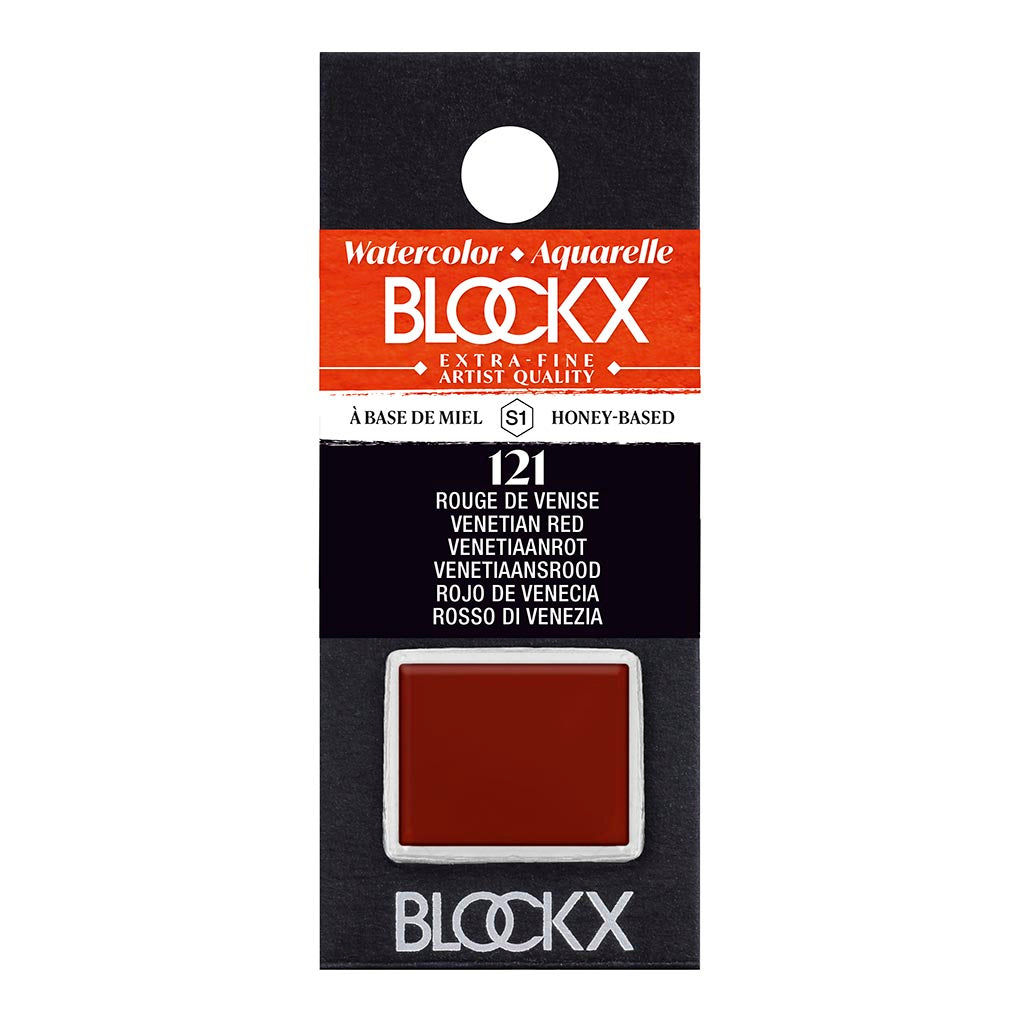 BLOCKX Watercolour Half Pan S1 121 in Venetian Red, a vibrant, light-resistant pigment for professional-grade watercolor art.