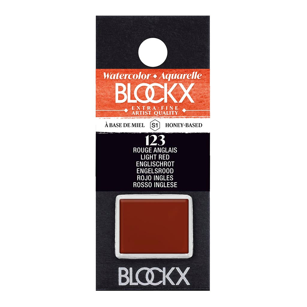 BLOCKX Watercolour Half Pan S1 123 Light Red featuring rich, light-resistant pigments for versatile and vibrant watercolor art.