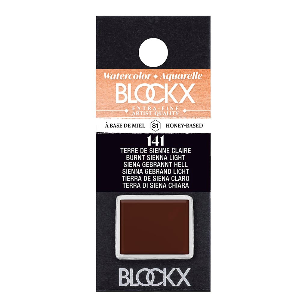 BLOCKX Watercolour Half Pan S1 141 Light Burnt Sienna featuring warm earthy tones, ideal for layered watercolor painting.
