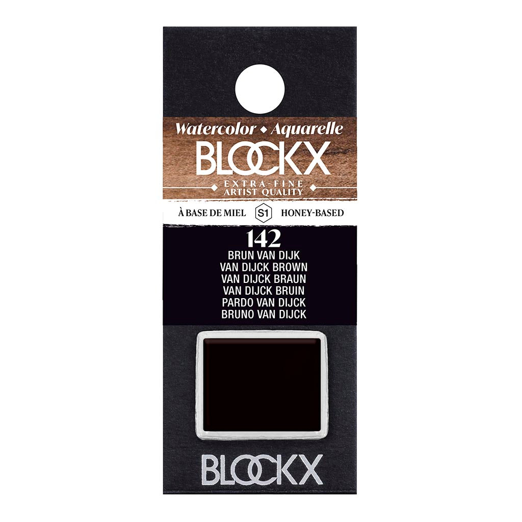 BLOCKX Watercolour Half Pan S1 142 Van Dijk Brown, a rich light-resistant brown for vibrant, long-lasting artwork.