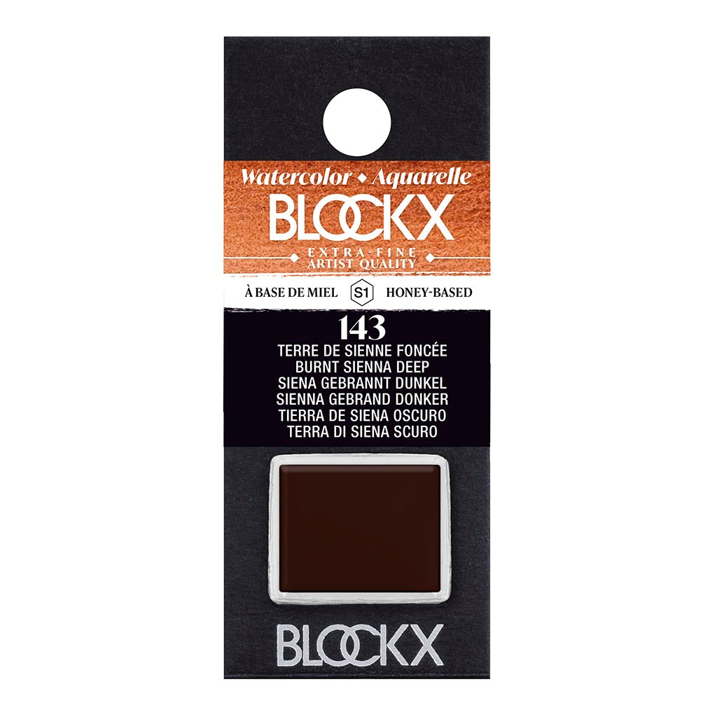 BLOCKX Watercolour Half Pan S1 143 Deep Burnt Sienna, a professional-grade watercolor for vibrant, warm earthy tones.