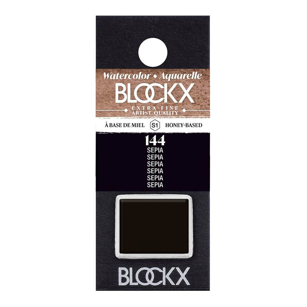 BLOCKX Watercolour Half Pan S1 144 Sepia, a warm, light-resistant pigment in a compact half pan, ideal for vibrant artworks.