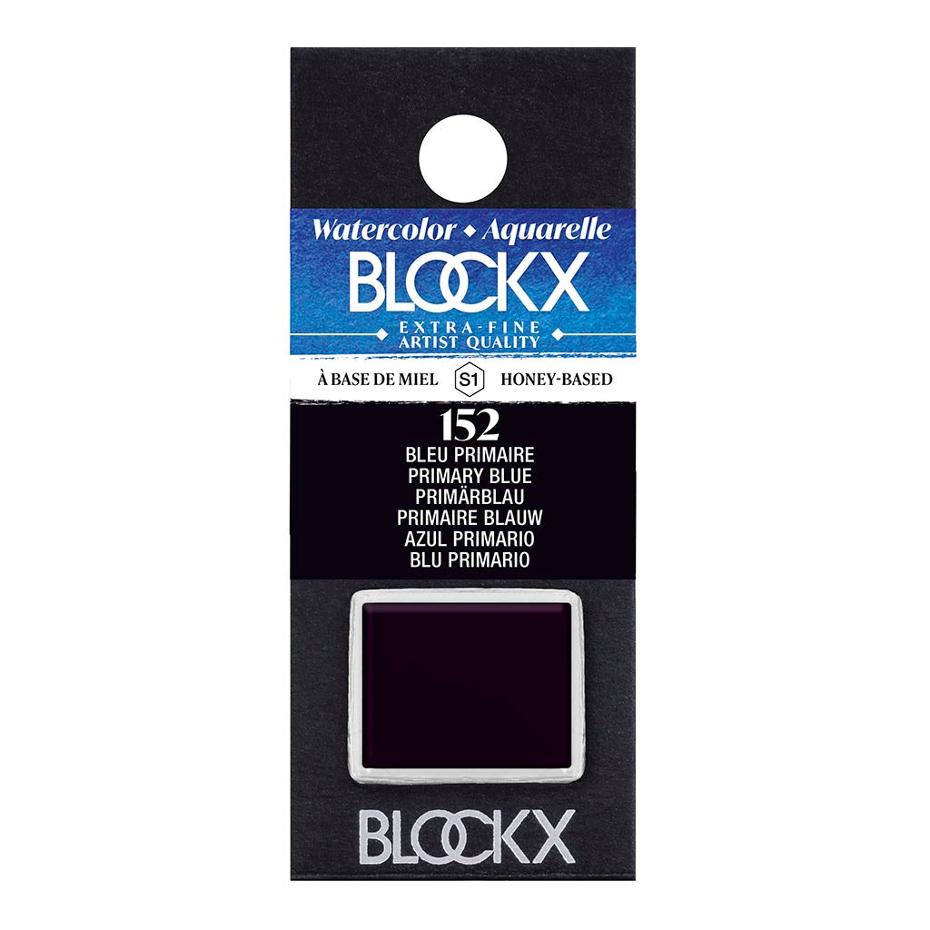 Vibrant BLOCKX Watercolour Half Pan S1 152 Primary Blue, crafted in Belgium, featuring transparent PB15:3 for vivid artistry.