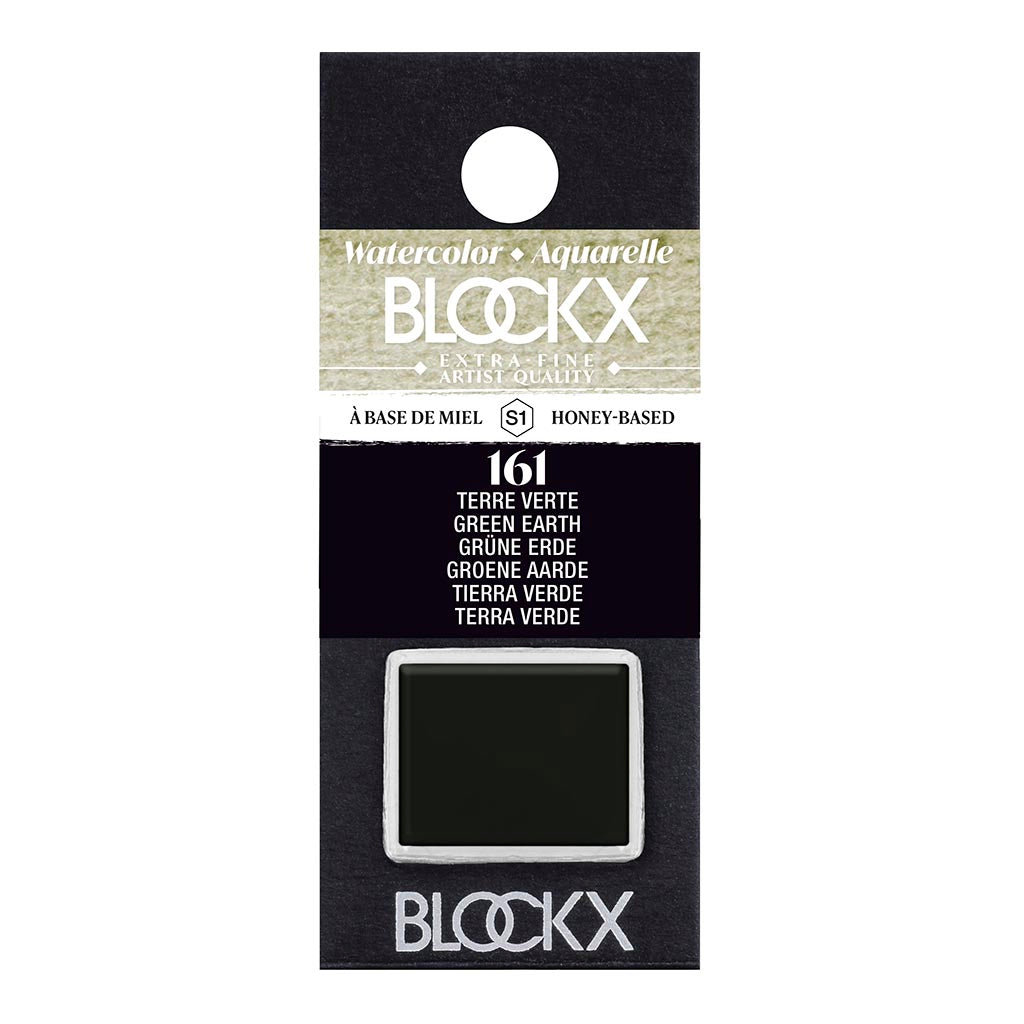 BLOCKX Watercolour Half Pan S1 161 Green Earth featuring deep, light-resistant pigments, ideal for landscapes and mixed media.