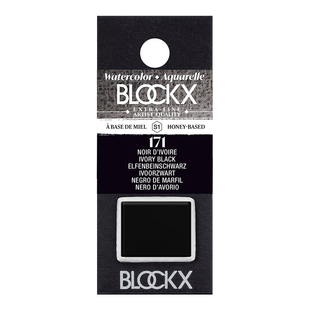 BLOCKX Watercolour Half Pan S1 171 Ivory Black, featuring light-resistant pigments for vibrant, semi-opaque artistry.