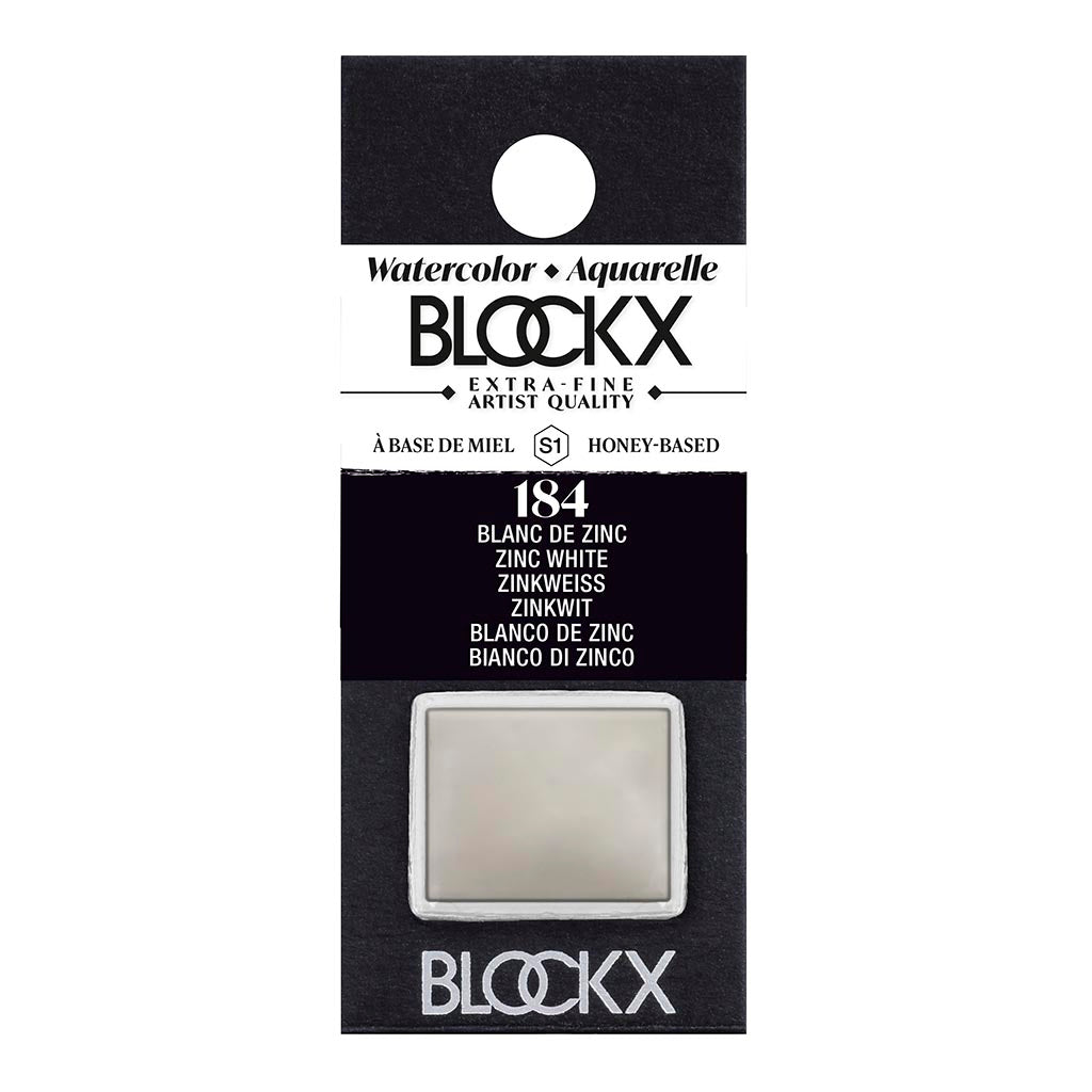 BLOCKX Watercolour Half Pan S1 184 Zinc White, made in Belgium with light-resistant pigments for vibrant highlights and soft washes.