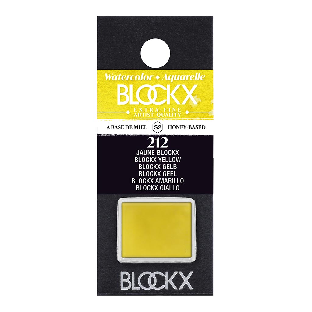 BLOCKX Watercolour Half Pan S2 212 in vibrant yellow, made in Belgium with lightfast semi-transparent pigments.