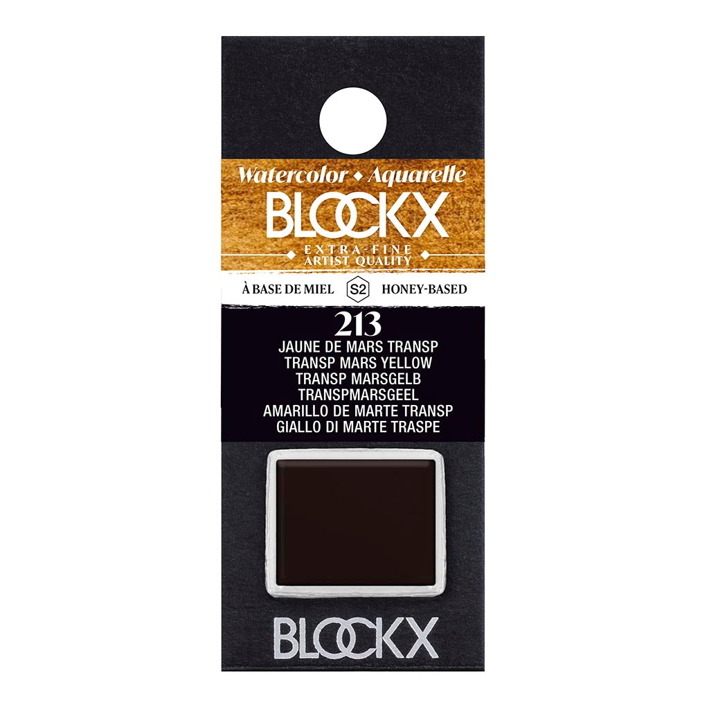 Half pan of BLOCKX Watercolour 213 Transparent Mars Yellow, featuring warm hue and lightfast, durable pigments for artists.