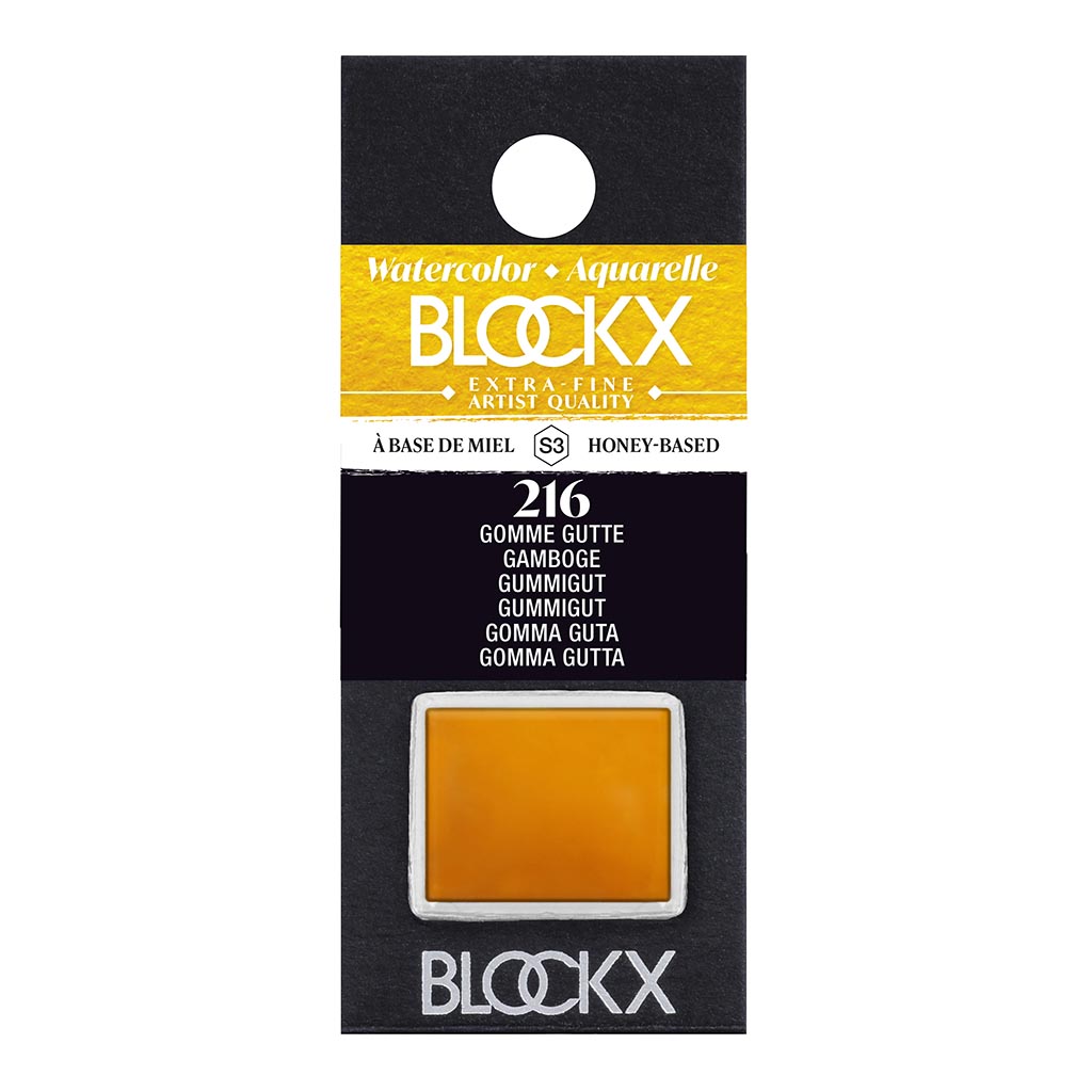 Vibrant BLOCKX Watercolour Half Pan S3 216 Gamboge, handcrafted in Belgium with lightfast, semi-transparent pigment for artists.
