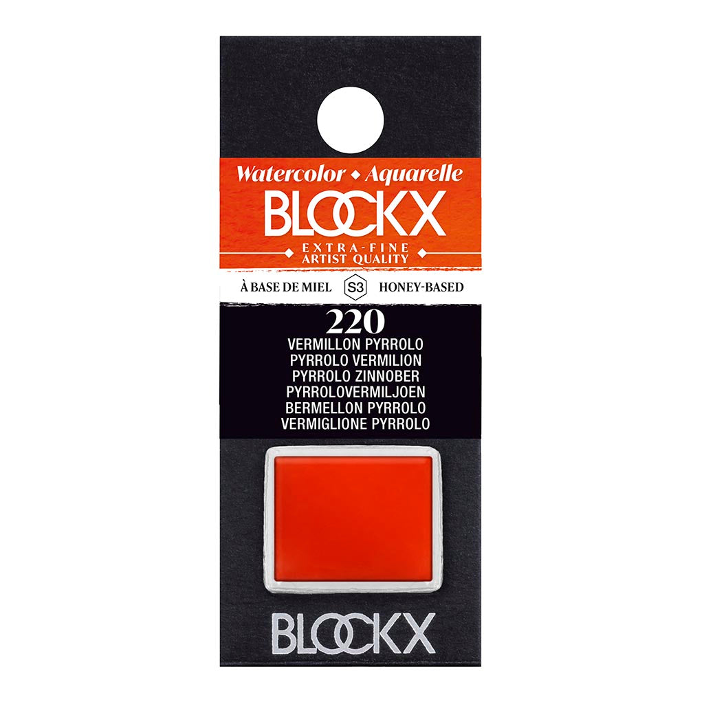 BLOCKX Watercolour Half Pan S3 220 Pyrrolo Vermilion, a vibrant semi-opaque paint in a durable pan, ideal for artists.
