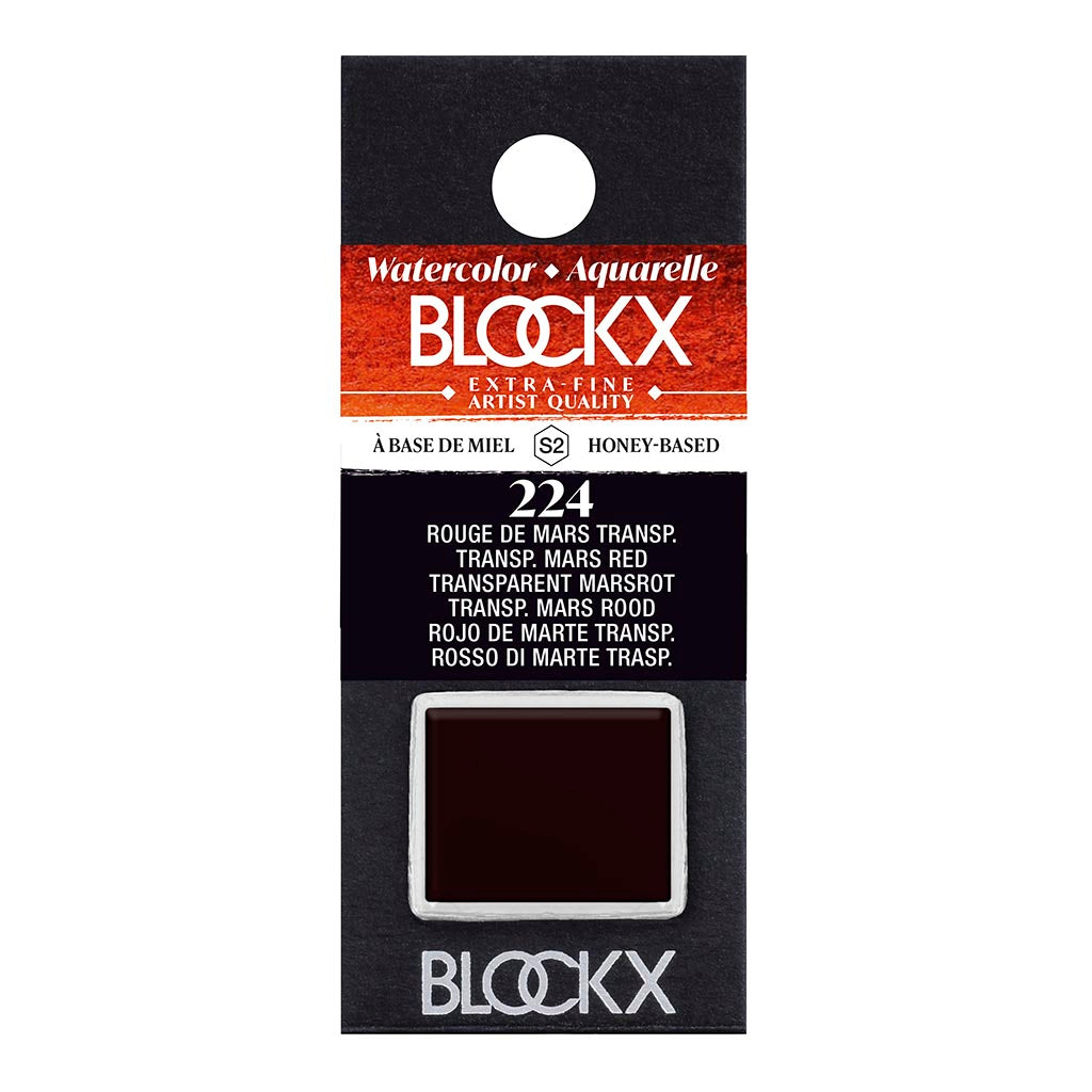 BLOCKX Watercolour Half Pan S2 224 Transparent Mars Red, a vibrant, lightfast red ideal for layering techniques in fine art.