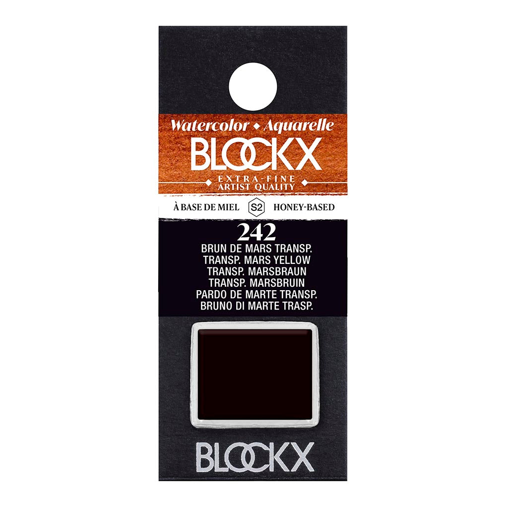 BLOCKX Watercolour Half Pan S2 242 Transparent Mars Brown, a high-quality, light-resistant pigment for vibrant watercolor art.